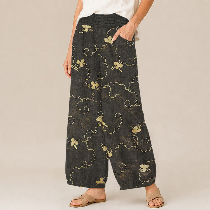 Buddha Stones Pantaloni harem da donna in cotone stile vintage con motivo floreale e nuvole, plissettati e vita elasticizzata, con tasche. - image 2