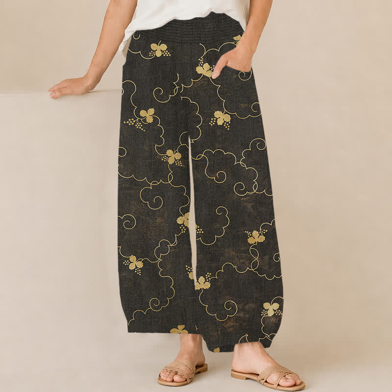Buddha Stones Pantaloni harem da donna in cotone stile vintage con motivo floreale e nuvole, plissettati e vita elasticizzata, con tasche. - Nero - US16, UK/AU20, EU48 (3XL) - image 0
