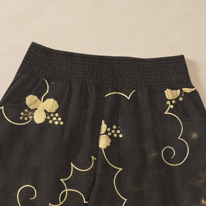 Buddha Stones Pantaloni harem da donna in cotone stile vintage con motivo floreale e nuvole, plissettati e vita elasticizzata, con tasche. - image 4
