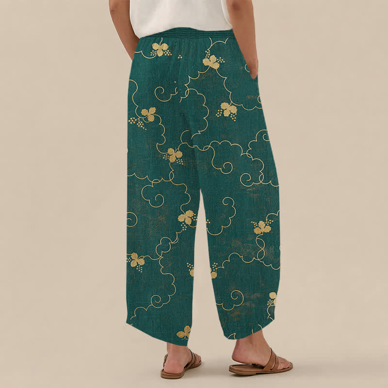 Buddha Stones Pantaloni harem da donna in cotone stile vintage con motivo floreale e nuvole, plissettati e vita elasticizzata, con tasche. - image 8