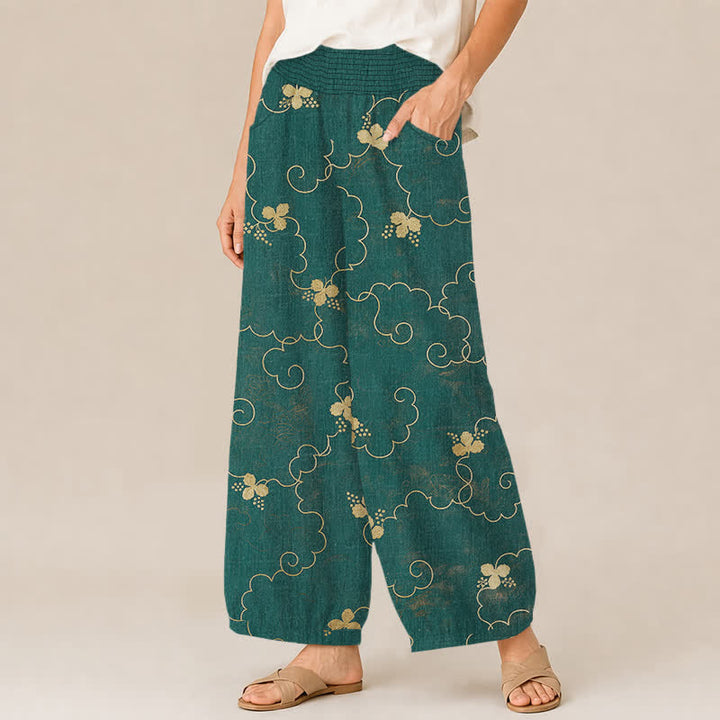 Buddha Stones Pantaloni harem da donna in cotone stile vintage con motivo floreale e nuvole, plissettati e vita elasticizzata, con tasche. - image 7