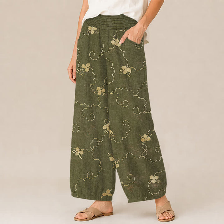 Buddha Stones Pantaloni harem da donna in cotone stile vintage con motivo floreale e nuvole, plissettati e vita elasticizzata, con tasche. - image 11