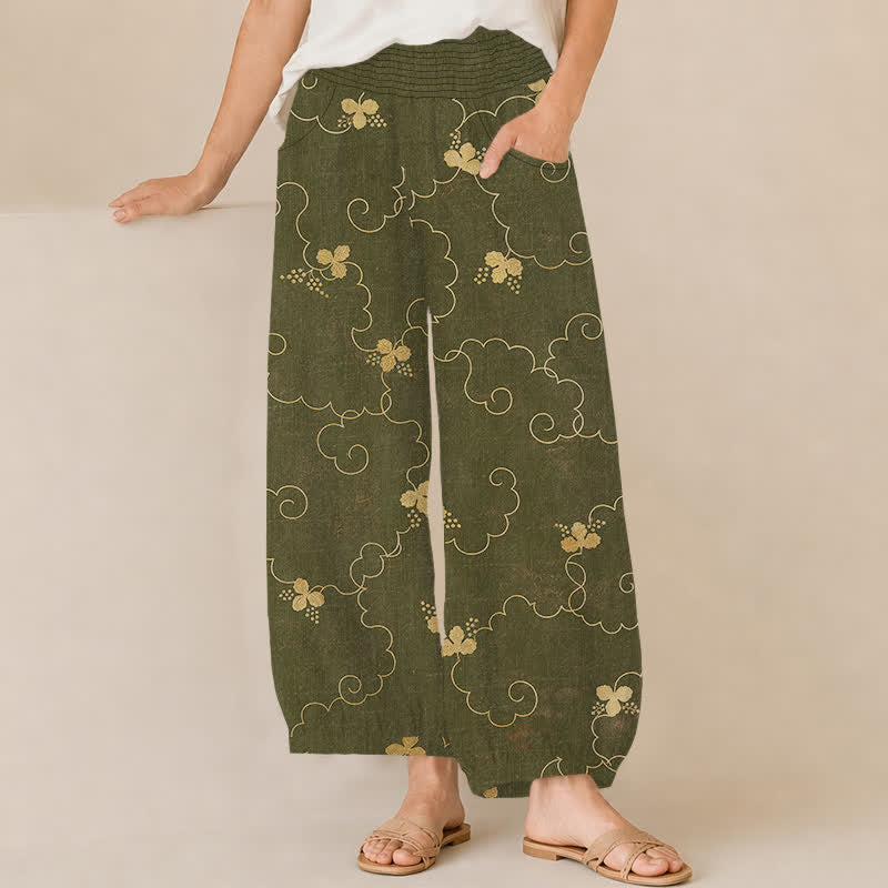 Buddha Stones Pantaloni harem da donna in cotone stile vintage con motivo floreale e nuvole, plissettati e vita elasticizzata, con tasche. - Verde oliva scuro - US16, UK/AU20, EU48 (3XL) - image 10