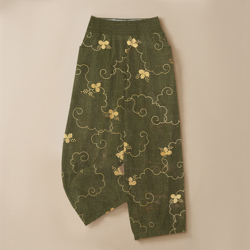 Buddha Stones Pantaloni harem da donna in cotone stile vintage con motivo floreale e nuvole, plissettati e vita elasticizzata, con tasche. - image 13