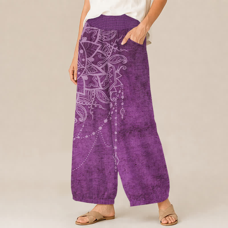 Buddha Stones Pantaloni harem da donna in cotone stile boho con motivo mandala e perline, plissettati e vita elasticizzata, con tasche. - image 1