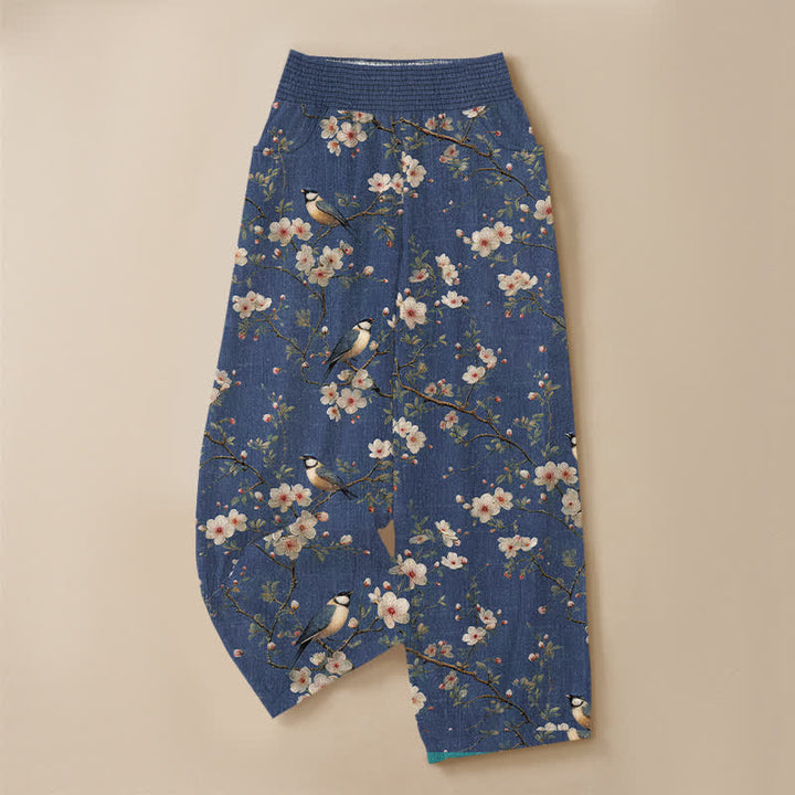 Buddha Stones Pantaloni harem da donna in cotone vintage con stampa floreale e uccellini, plissettati e vita elasticizzata, con tasche. - image 3