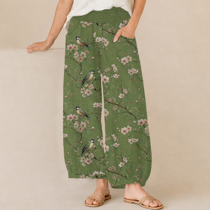 Buddha Stones Pantaloni harem da donna in cotone vintage con stampa floreale e uccellini, plissettati e vita elasticizzata, con tasche. - Verde oliva - US16, UK/AU20, EU48 (3XL) - image 6