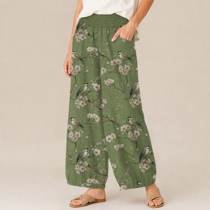 Buddha Stones Pantaloni harem da donna in cotone vintage con stampa floreale e uccellini, plissettati e vita elasticizzata, con tasche. - image 7