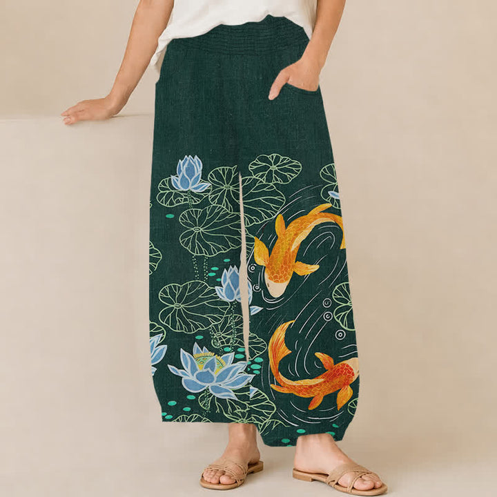 Buddha Stones Pantaloni harem da donna in cotone con stampa acquerello di loto e carpa koi, vita elasticizzata e pieghe, con tasche. - Grigio ardesia scuro - US16, UK/AU20, EU48 (3XL) - image 0