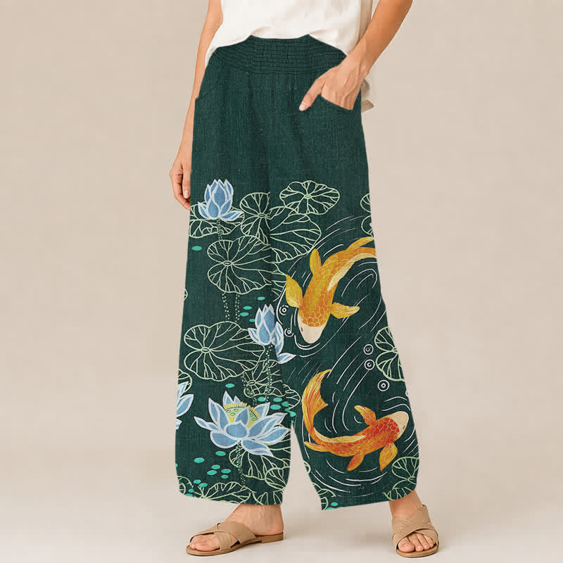 Buddha Stones Pantaloni harem da donna in cotone con stampa acquerello di loto e carpa koi, vita elasticizzata e pieghe, con tasche. - image 1