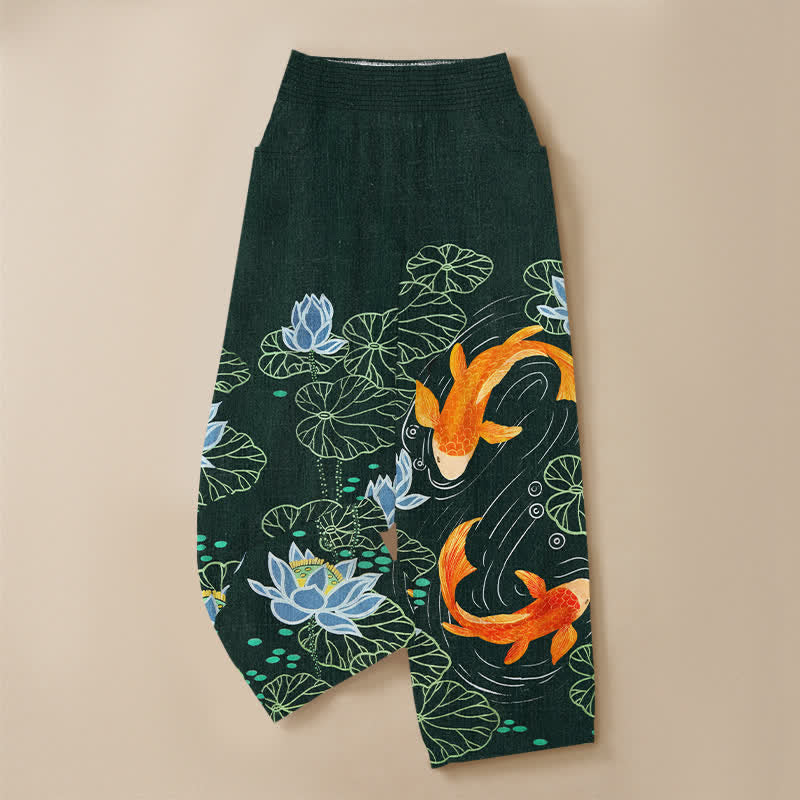 Buddha Stones Pantaloni harem da donna in cotone con stampa acquerello di loto e carpa koi, vita elasticizzata e pieghe, con tasche. - image 3