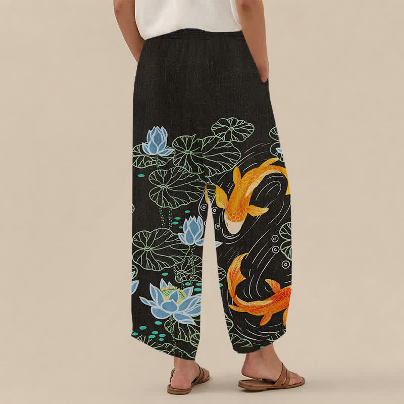 Buddha Stones Pantaloni harem da donna in cotone con stampa acquerello di loto e carpa koi, vita elasticizzata e pieghe, con tasche. - image 12