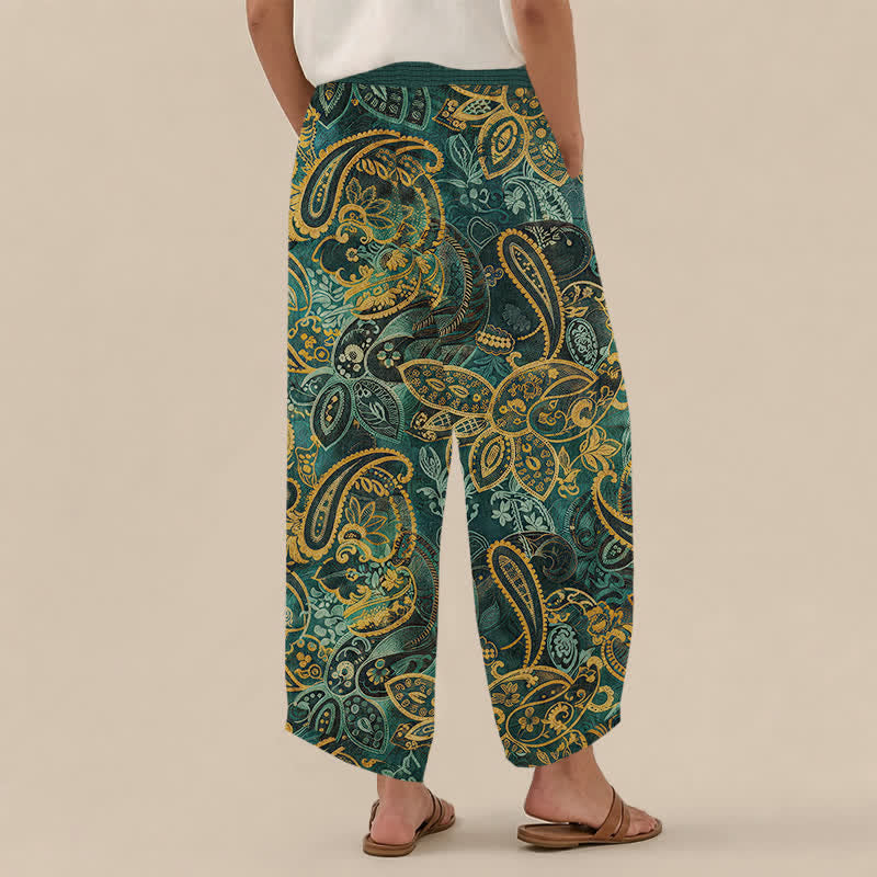 Buddha Stones Pantaloni harem da donna in cotone vintage con motivo floreale paisley, pieghe e vita elasticizzata, con tasche. - image 2