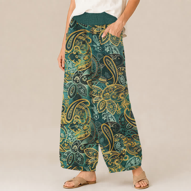 Buddha Stones Pantaloni harem da donna in cotone vintage con motivo floreale paisley, pieghe e vita elasticizzata, con tasche. - image 1