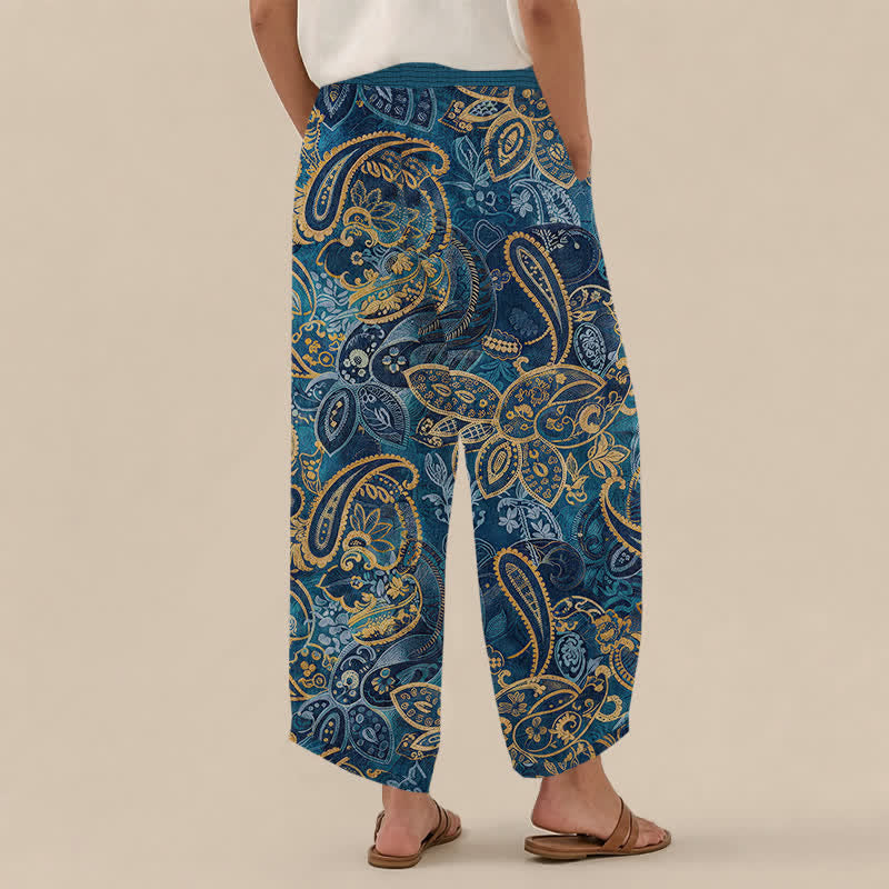 Buddha Stones Pantaloni harem da donna in cotone vintage con motivo floreale paisley, pieghe e vita elasticizzata, con tasche. - image 8
