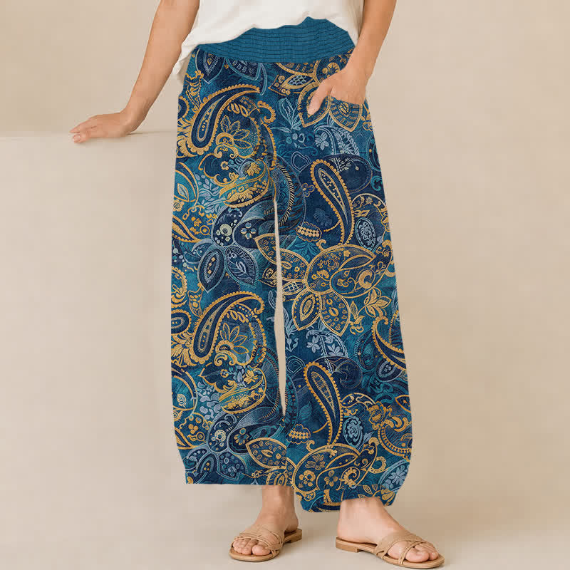 Buddha Stones Pantaloni harem da donna in cotone vintage con motivo floreale paisley, pieghe e vita elasticizzata, con tasche. - SteelBlue - US16, UK/AU20, EU48 (3XL) - image 6