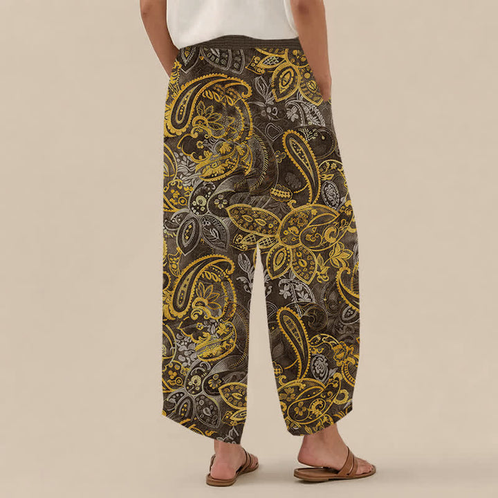 Buddha Stones Pantaloni harem da donna in cotone vintage con motivo floreale paisley, pieghe e vita elasticizzata, con tasche. - image 12