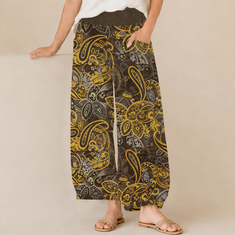 Buddha Stones Pantaloni harem da donna in cotone vintage con motivo floreale paisley, pieghe e vita elasticizzata, con tasche. - Siena - US16, UK/AU20, EU48 (3XL) - image 10