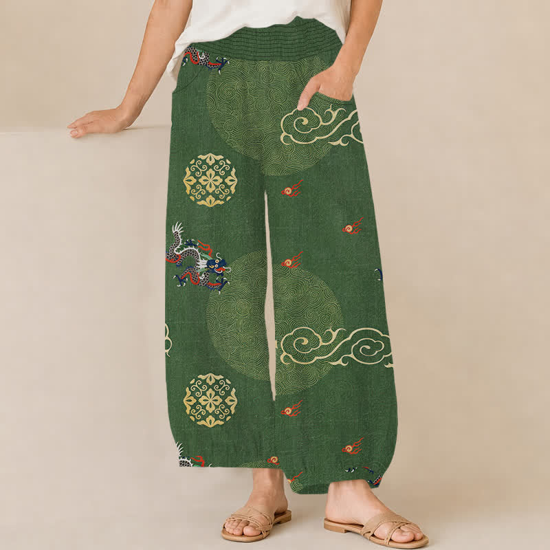 Buddha Stones Pantaloni harem da donna in cotone vintage con motivo a totem di drago, pieghe e vita elasticizzata, con tasche. - Verde studentesco - US16, UK/AU20, EU48 (3XL) - image 0