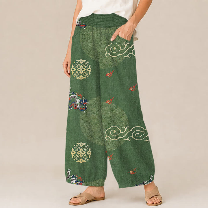 Buddha Stones Pantaloni harem da donna in cotone vintage con motivo a totem di drago, pieghe e vita elasticizzata, con tasche. - image 1