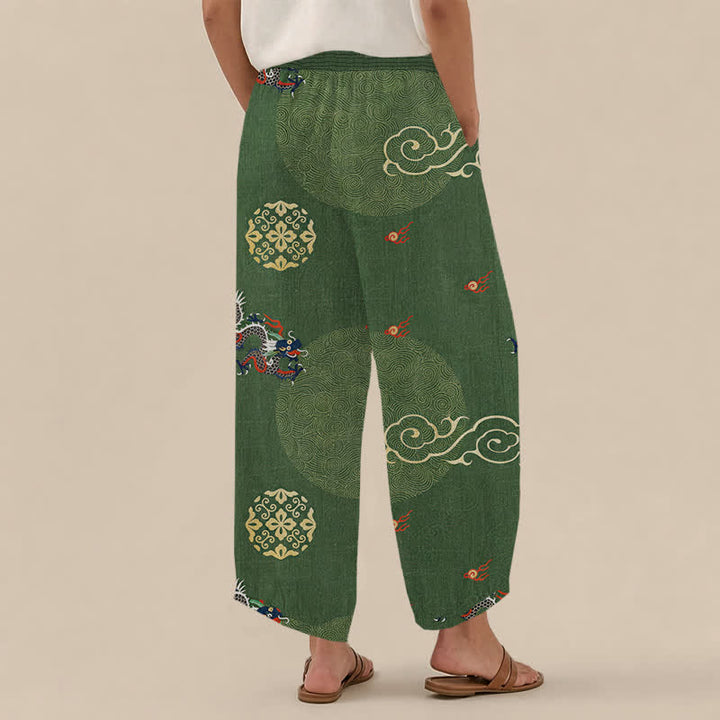 Buddha Stones Pantaloni harem da donna in cotone vintage con motivo a totem di drago, pieghe e vita elasticizzata, con tasche. - image 2