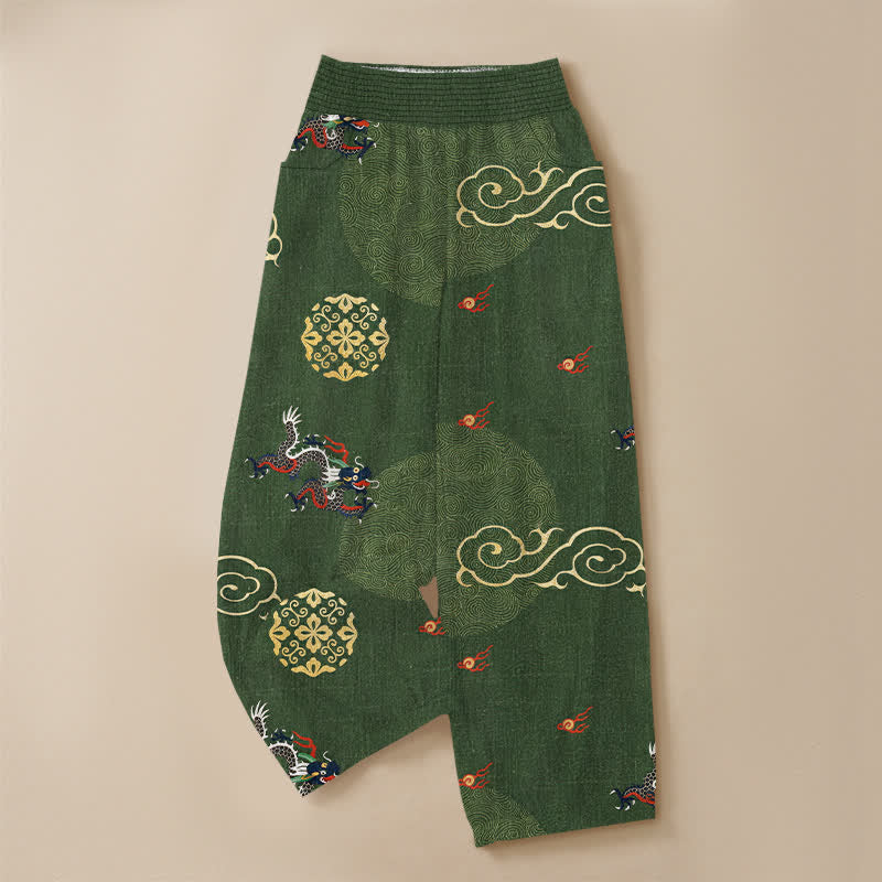 Buddha Stones Pantaloni harem da donna in cotone vintage con motivo a totem di drago, pieghe e vita elasticizzata, con tasche. - image 3