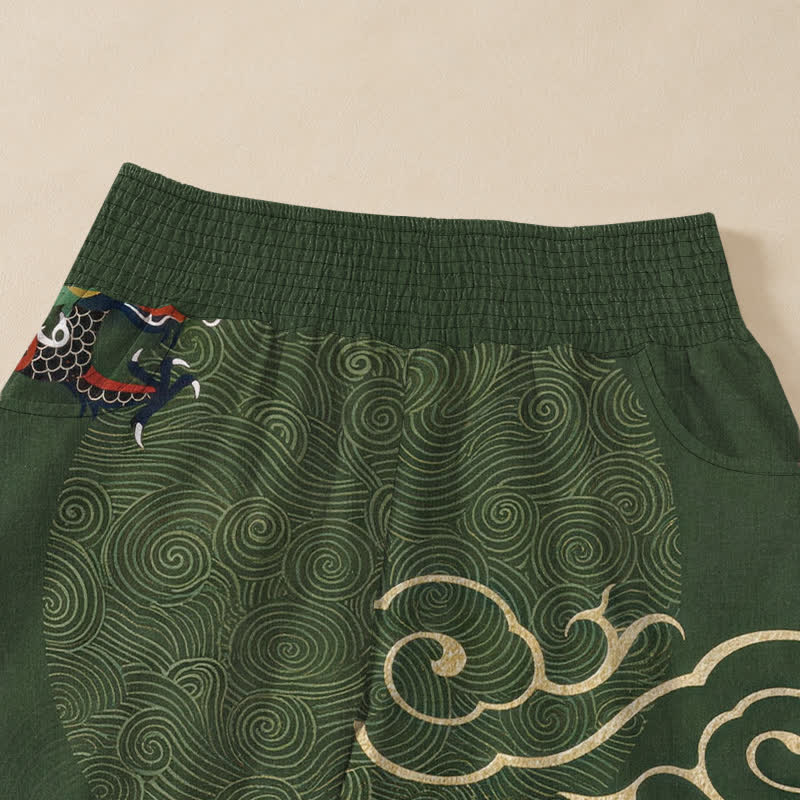 Buddha Stones Pantaloni harem da donna in cotone vintage con motivo a totem di drago, pieghe e vita elasticizzata, con tasche. - image 4