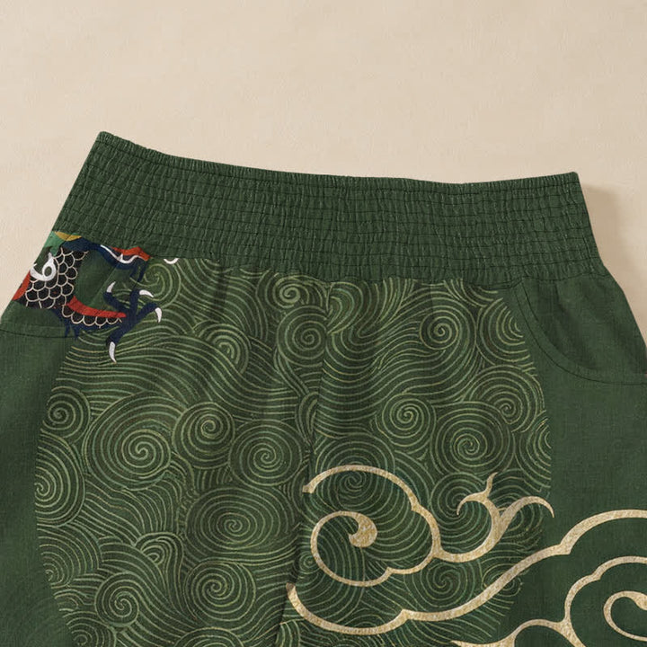 Buddha Stones Pantaloni harem da donna in cotone vintage con motivo a totem di drago, pieghe e vita elasticizzata, con tasche. - image 4