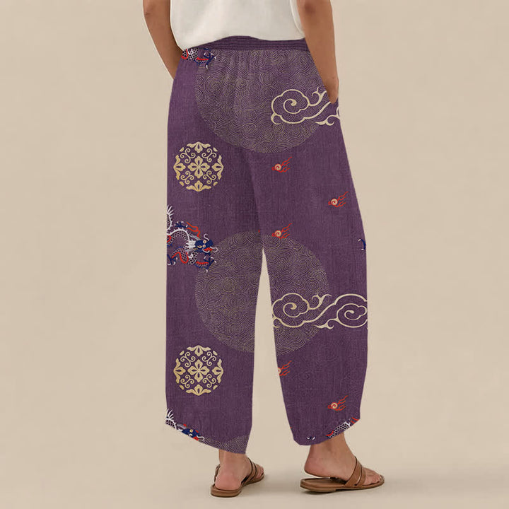 Buddha Stones Pantaloni harem da donna in cotone vintage con motivo a totem di drago, pieghe e vita elasticizzata, con tasche. - image 8