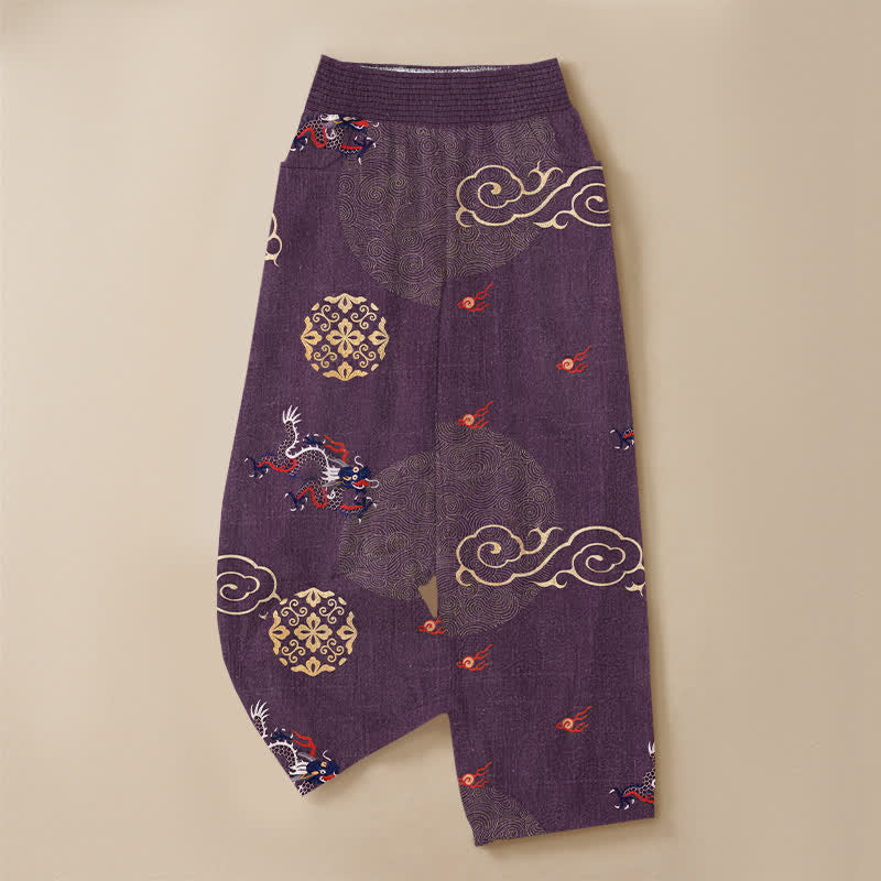 Buddha Stones Pantaloni harem da donna in cotone vintage con motivo a totem di drago, pieghe e vita elasticizzata, con tasche. - image 9