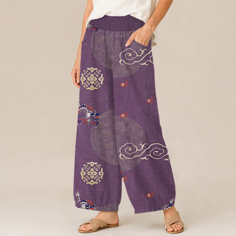 Buddha Stones Pantaloni harem da donna in cotone vintage con motivo a totem di drago, pieghe e vita elasticizzata, con tasche. - image 7