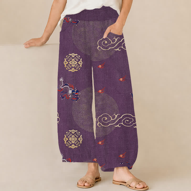 Buddha Stones Pantaloni harem da donna in cotone vintage con motivo a totem di drago, pieghe e vita elasticizzata, con tasche. - Viola - US16, UK/AU20, EU48 (3XL) - image 6