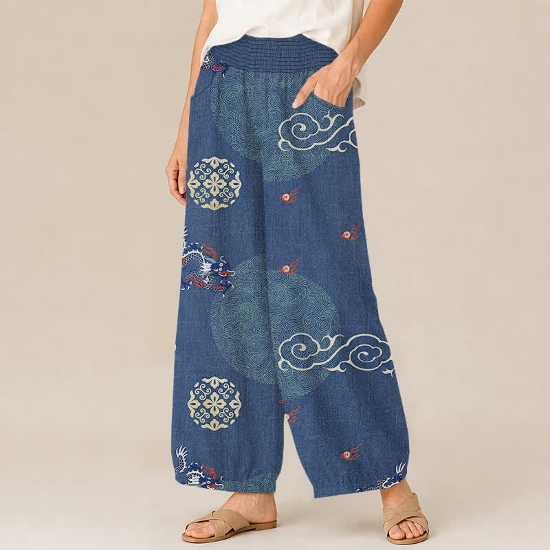 Buddha Stones Pantaloni harem da donna in cotone vintage con motivo a totem di drago, pieghe e vita elasticizzata, con tasche. - image 11