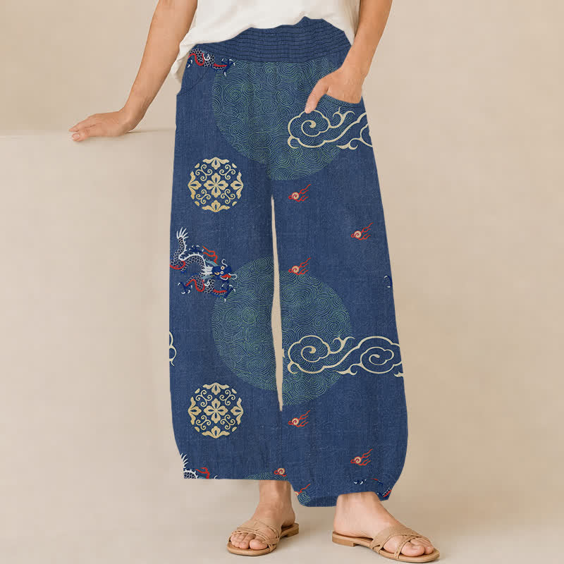 Buddha Stones Pantaloni harem da donna in cotone vintage con motivo a totem di drago, pieghe e vita elasticizzata, con tasche. - SteelBlue - US16, UK/AU20, EU48 (3XL) - image 10