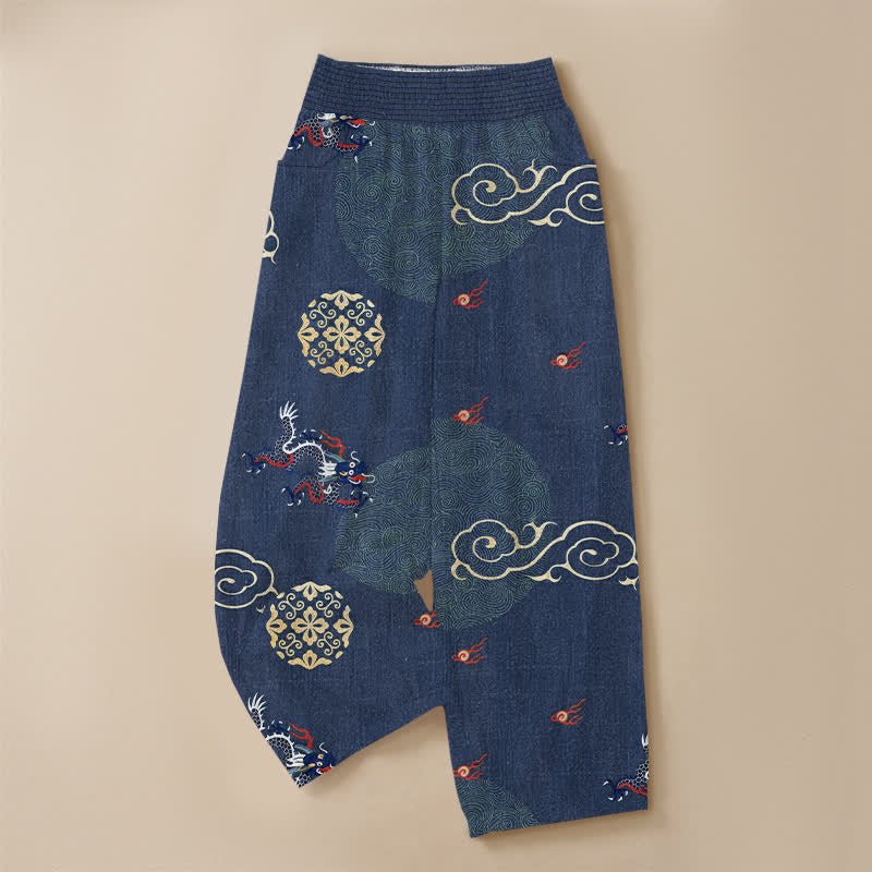 Buddha Stones Pantaloni harem da donna in cotone vintage con motivo a totem di drago, pieghe e vita elasticizzata, con tasche. - image 13