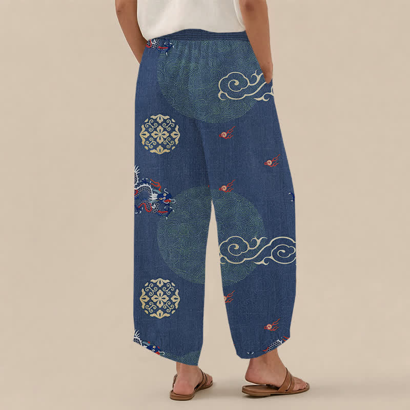 Buddha Stones Pantaloni harem da donna in cotone vintage con motivo a totem di drago, pieghe e vita elasticizzata, con tasche. - image 12