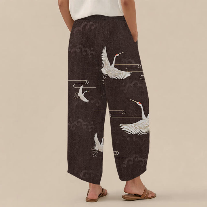 Buddha Stones Pantaloni harem da donna in cotone vintage bianco con motivo a gru, plissettati e vita elasticizzata, con tasche. - image 2