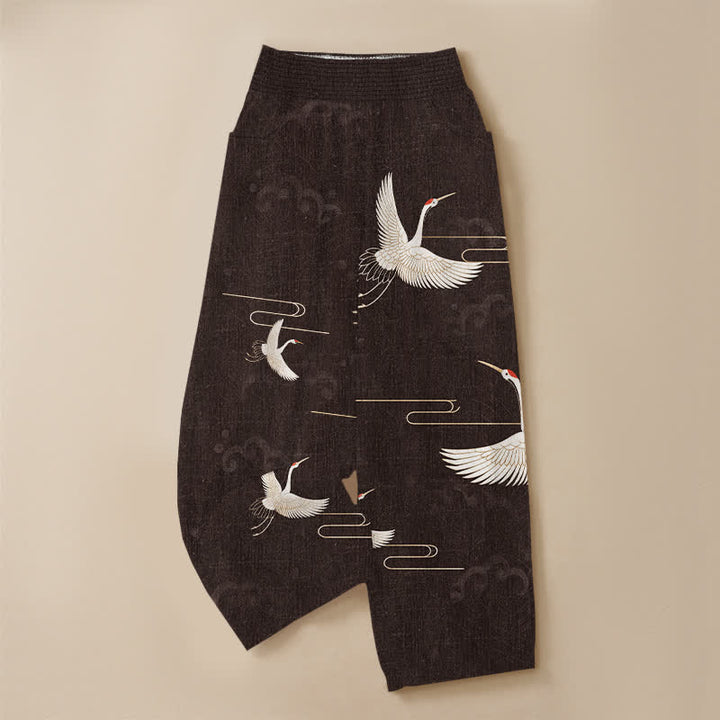 Buddha Stones Pantaloni harem da donna in cotone vintage bianco con motivo a gru, plissettati e vita elasticizzata, con tasche. - image 3