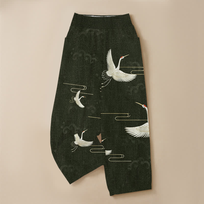 Buddha Stones Pantaloni harem da donna in cotone vintage bianco con motivo a gru, plissettati e vita elasticizzata, con tasche. - image 9