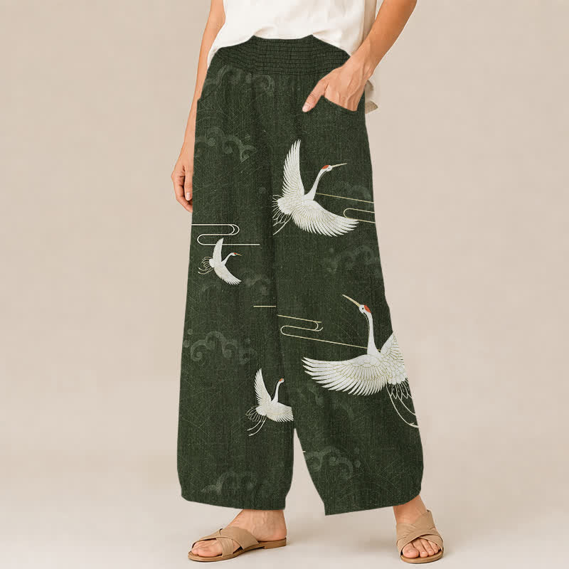 Buddha Stones Pantaloni harem da donna in cotone vintage bianco con motivo a gru, plissettati e vita elasticizzata, con tasche. - image 7