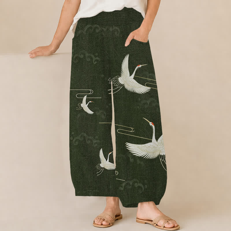 Buddha Stones Pantaloni harem da donna in cotone vintage bianco con motivo a gru, plissettati e vita elasticizzata, con tasche. - Verde scuro - US16, UK/AU20, EU48 (3XL) - image 6