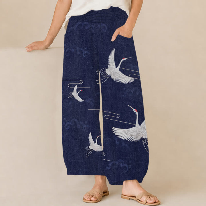 Buddha Stones Pantaloni harem da donna in cotone vintage bianco con motivo a gru, plissettati e vita elasticizzata, con tasche. - Marina - US16, UK/AU20, EU48 (3XL) - image 10
