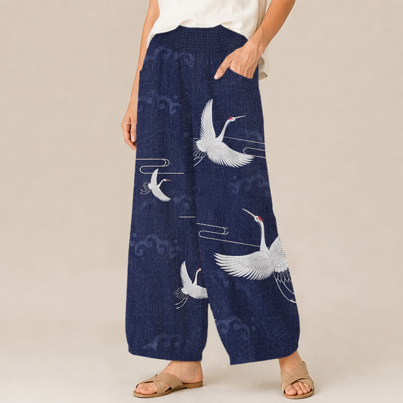 Buddha Stones Pantaloni harem da donna in cotone vintage bianco con motivo a gru, plissettati e vita elasticizzata, con tasche. - image 11