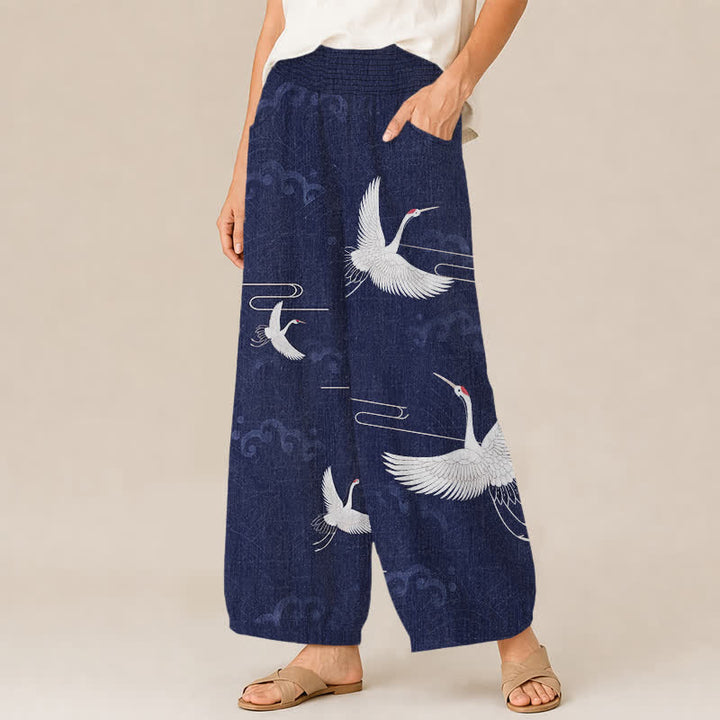 Buddha Stones Pantaloni harem da donna in cotone vintage bianco con motivo a gru, plissettati e vita elasticizzata, con tasche. - image 11