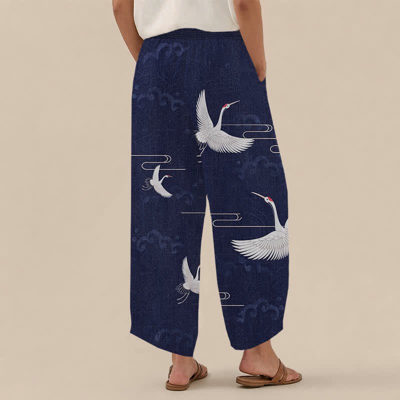 Buddha Stones Pantaloni harem da donna in cotone vintage bianco con motivo a gru, plissettati e vita elasticizzata, con tasche. - image 12