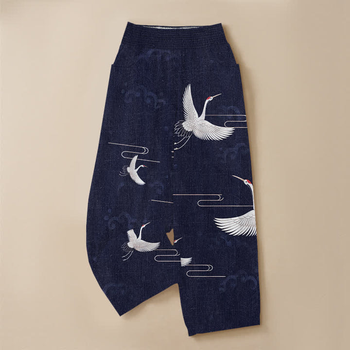Buddha Stones Pantaloni harem da donna in cotone vintage bianco con motivo a gru, plissettati e vita elasticizzata, con tasche. - image 13