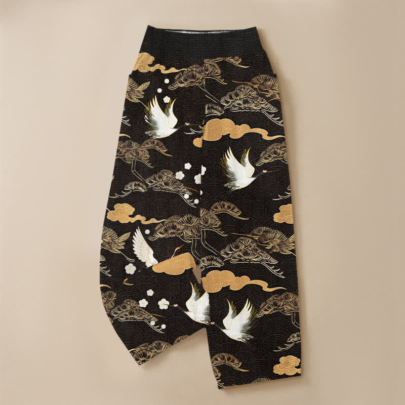 Buddha Stones Pantaloni harem da donna in cotone con motivo gru e nuvole, plissettati e vita elasticizzata, con tasche. - image 3