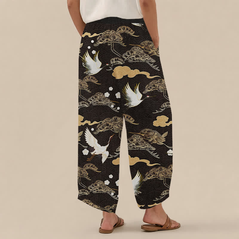 Buddha Stones Pantaloni harem da donna in cotone con motivo gru e nuvole, plissettati e vita elasticizzata, con tasche. - image 2