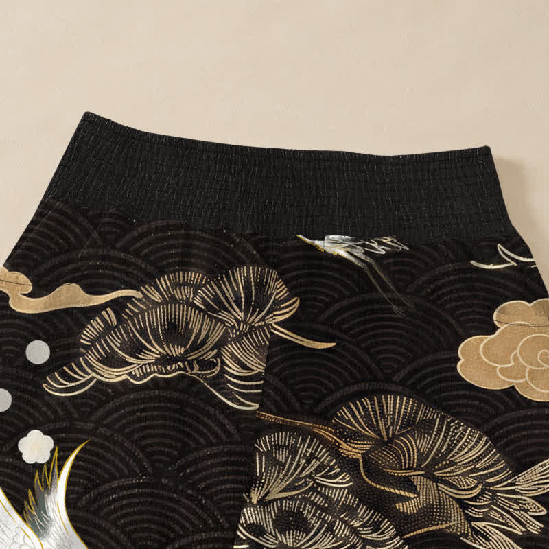 Buddha Stones Pantaloni harem da donna in cotone con motivo gru e nuvole, plissettati e vita elasticizzata, con tasche. - image 4