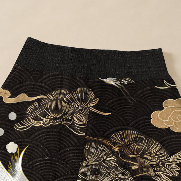 Buddha Stones Pantaloni harem da donna in cotone con motivo gru e nuvole, plissettati e vita elasticizzata, con tasche. - image 4